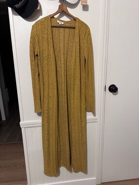Long Open-Front Ribbed Cardigan Sweater - Mustard Yellow